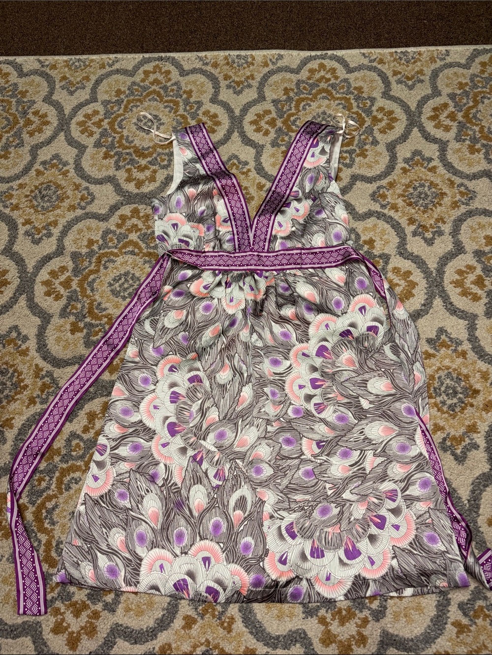 H&M grey sleeveless satin dress with peacock feather print